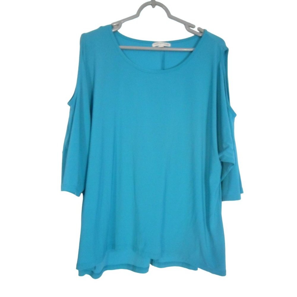 Sz 2x Blue Cold Shoulder high low Blouse Tunic Top Notations Woman